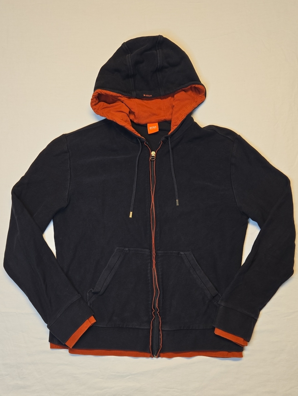 Hugo Boss Navy Blue Full Zip Hoodie Sweater with Orange Trim